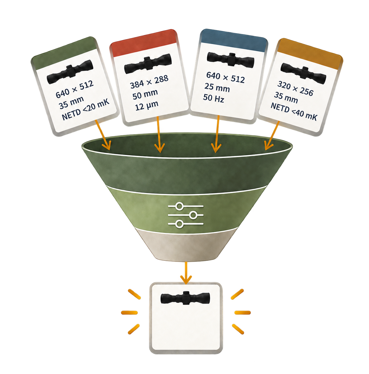 Scope information passes through consistent scoring into a comparison of identification, field of view and price.
