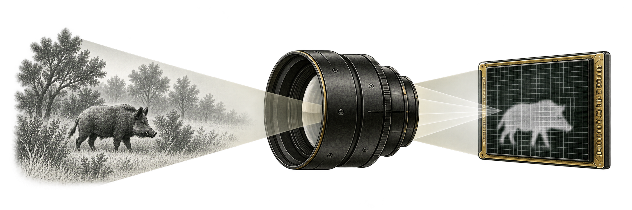 A hog scene, an objective lens and a pixel sensor, shown as an exploded illustration.