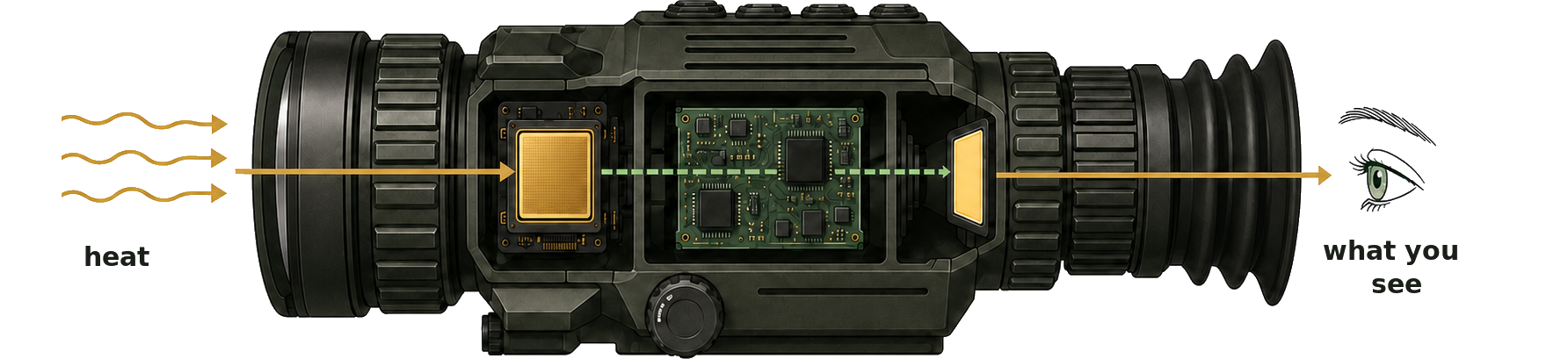 Cutaway of a thermal scope's image chain — heat enters the front lens, the sensor turns it into a signal, the processing board cleans it up, and the display hands the picture to your eye.