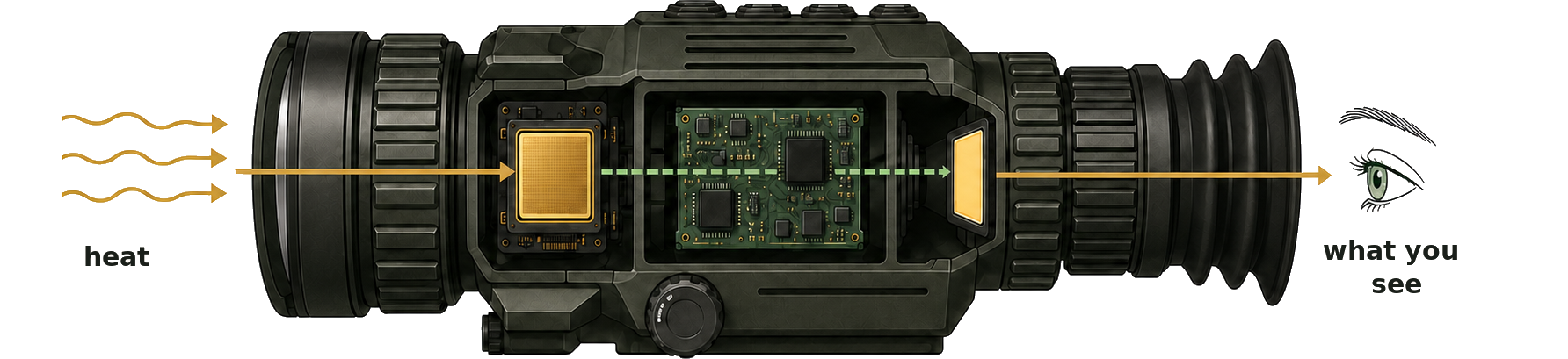 Cutaway of a thermal scope's image chain — heat enters the front lens, the sensor turns it into a signal, the processing board cleans it up, and the display hands the picture to your eye.