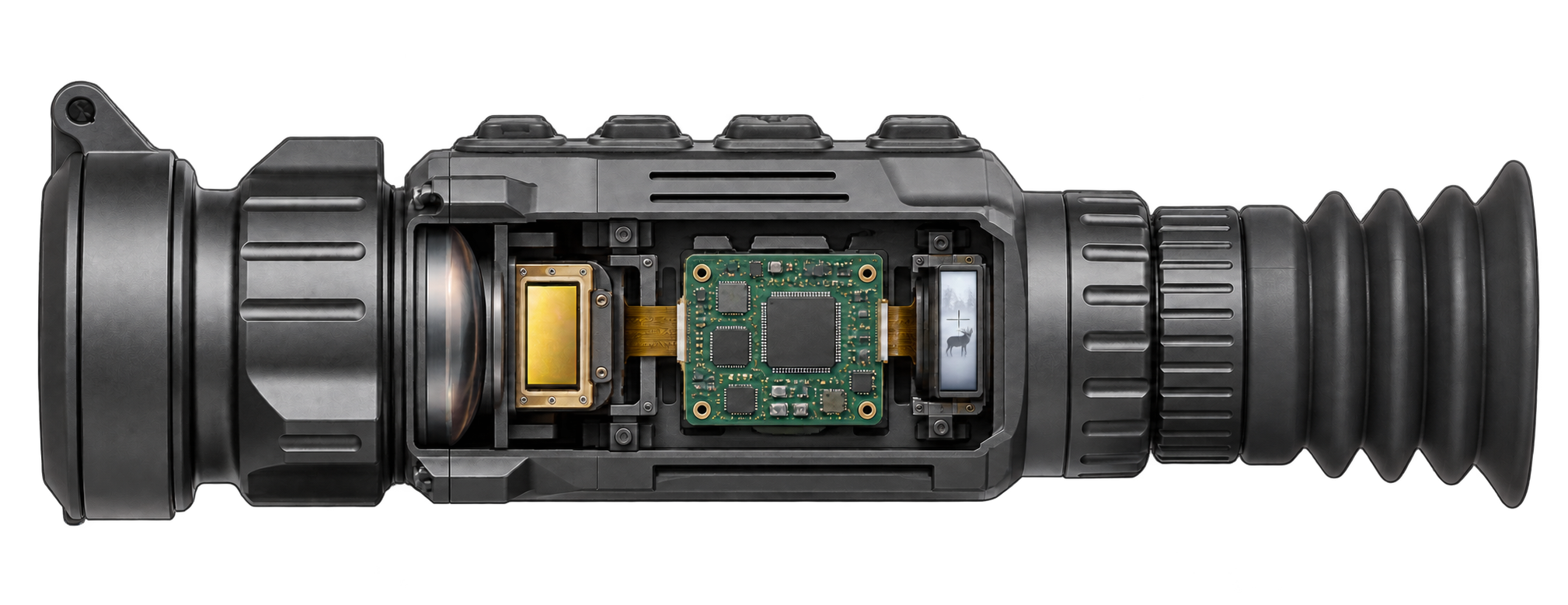 Illustrative cutaway based on a Rattler scope side profile, with the mount omitted. The lens, sensor, processing electronics, display and eyepiece show the picture's path; internal placement is simplified.